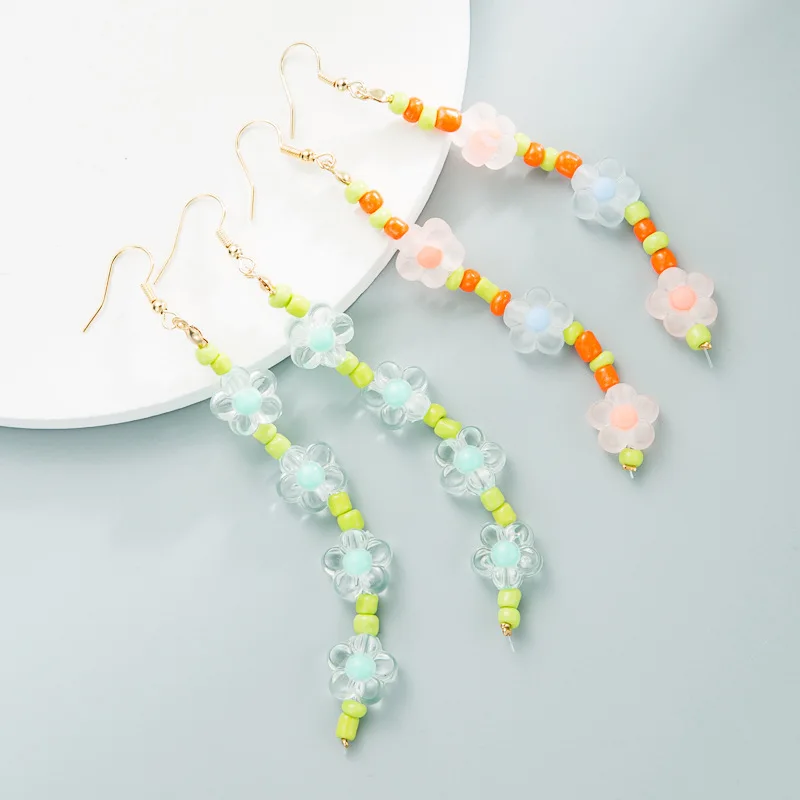 

Summer Fresh Style Handmade Seed Beads Long Tassel Earrings Acrylic Resin Flower Drop Earrings for Women