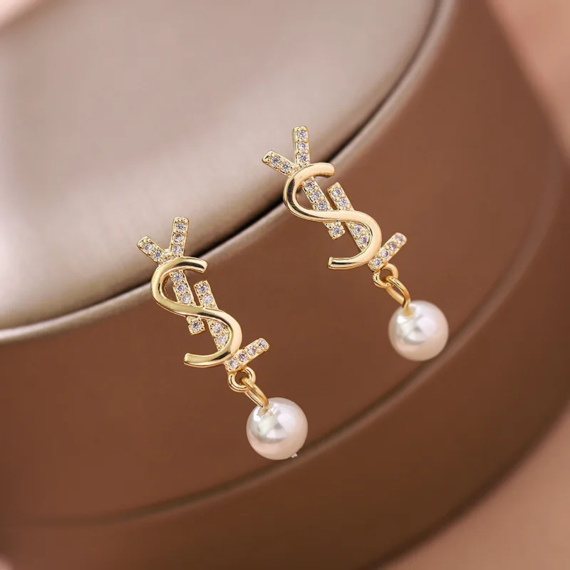 

JINGLIANG New Simple S925 Silver Letter Pearl Stud Earrings Jewelry For Women, Gold