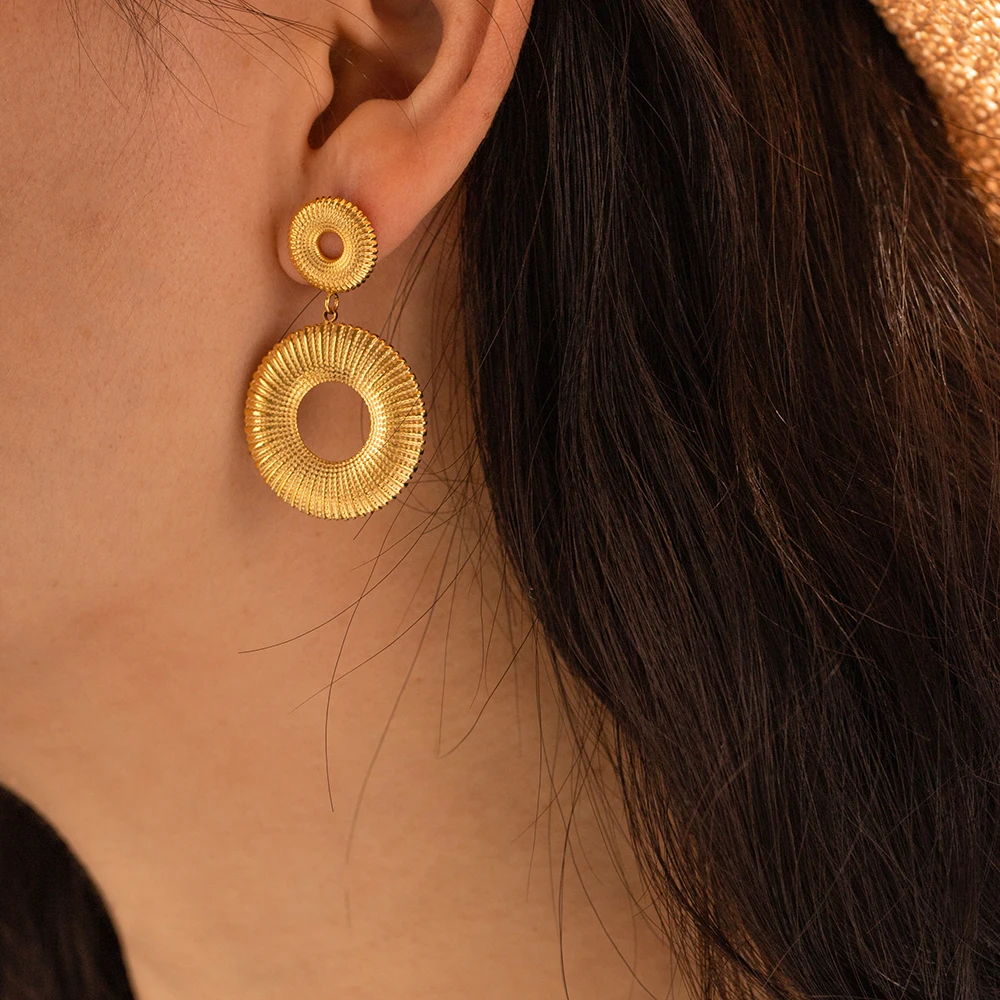 

18K Gold Planted Round Earrings Stainless Steel Double Circle Fringe Scattering Drop Earring for Women