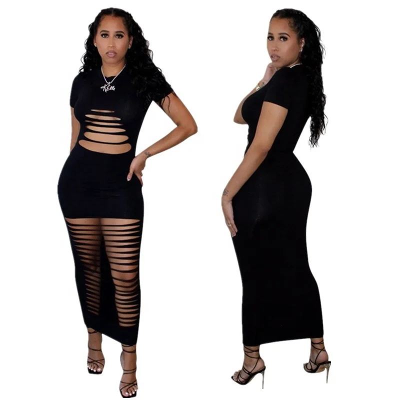 

MT72-8565 Wholesale Ladies Fashion Sexy Hollow Solid Color Dress Bodycon Women