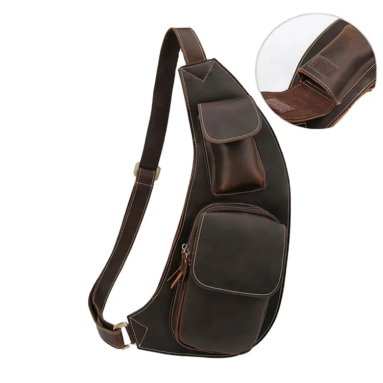 

Wholesale real crazy horse leather men chest bag vintage genuine leather casual sport sling bag