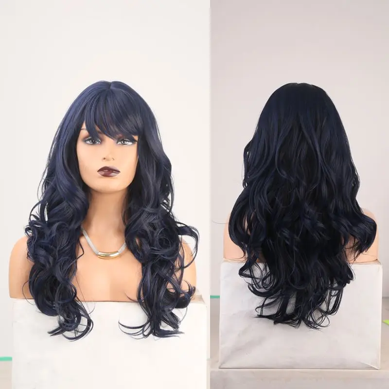 

blue big wavy curly chemical fiber machine made wig synthetic human hair wig