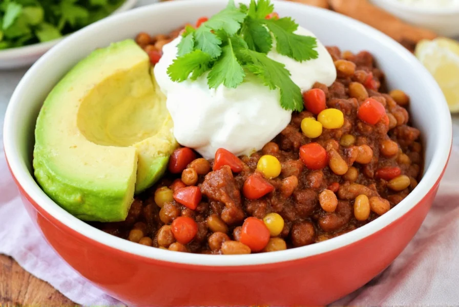 Colorful bowl of finished crock pot chili with toppings including avocado, sour cream, and cilantro