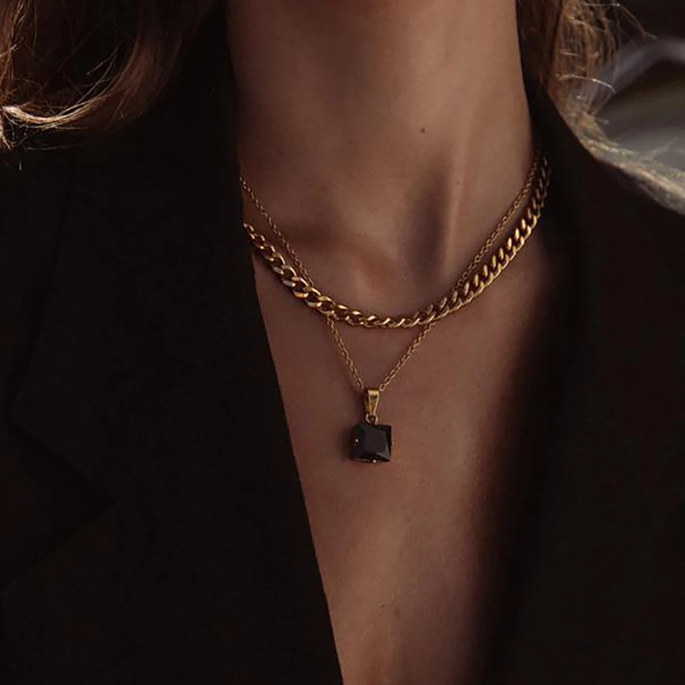 

White & Black Diamond Pendant Rhinestone Stainless Steel 18K Necklace For Women