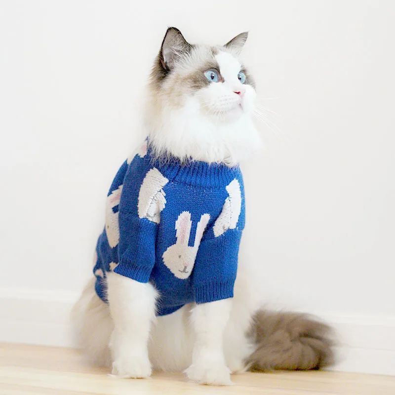 

Cute Rabbit Print Blue Knitted Pet Cats Clothes Dog Sweater