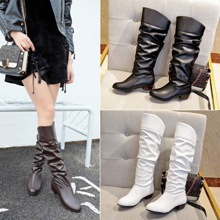 

Women factory wholesale Lady pu leather knee boots buckle shoes winter chunky heel boots, Picture