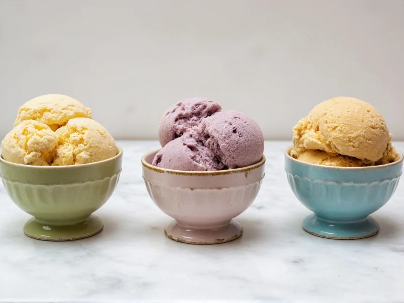 Three dairy free ice cream flavors in vintage bowls