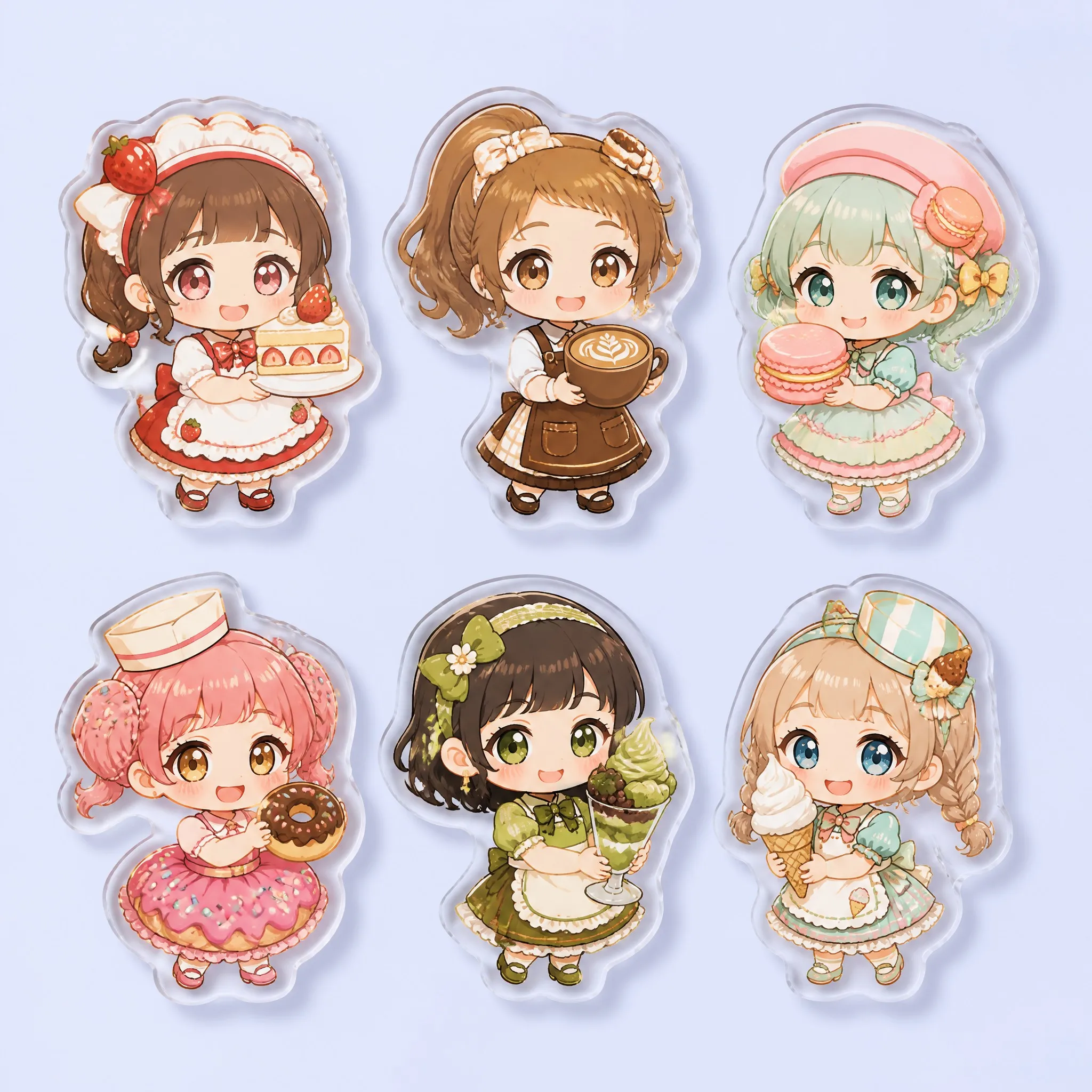 6 Kawaii Chibi Maid Cafe Acrylic Phone Grips: Strawberry Shortcake, Latte Barista, Macaron Girl, Donut Girl, Matcha Parfait, Ice Cream Cone