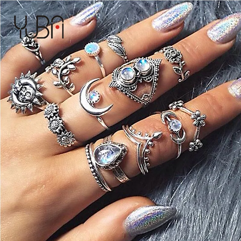 

Stone Stacking Rings set Crown Moon Leaf Flower Drop Midi Rings Knuckle Ring Set Women, As show
