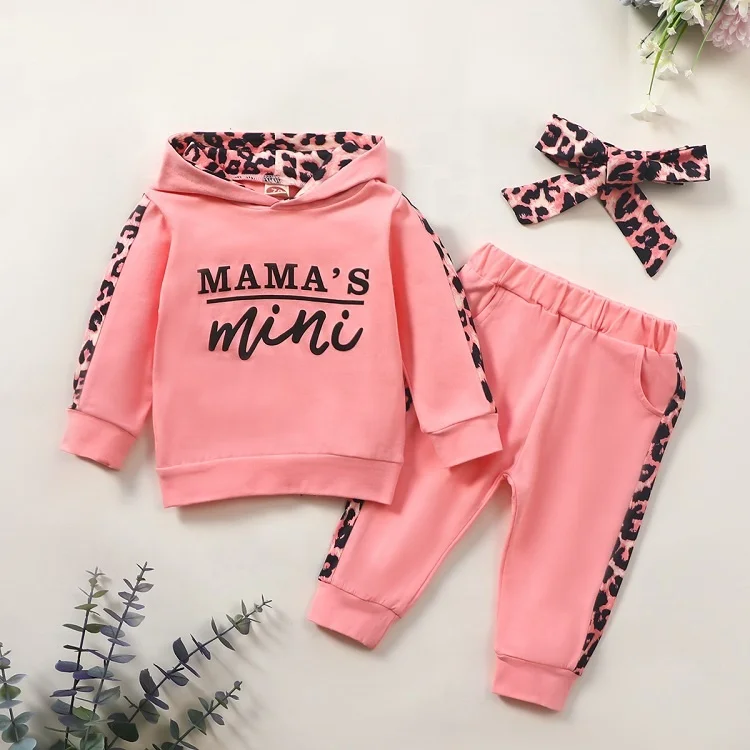 

Baby Girls Fall Winter Clothes Pink Letter Leopard Sweatshirt Toddler Clothing Set With Headband Kids Fall Hood Leopard Outfit, Pink,black