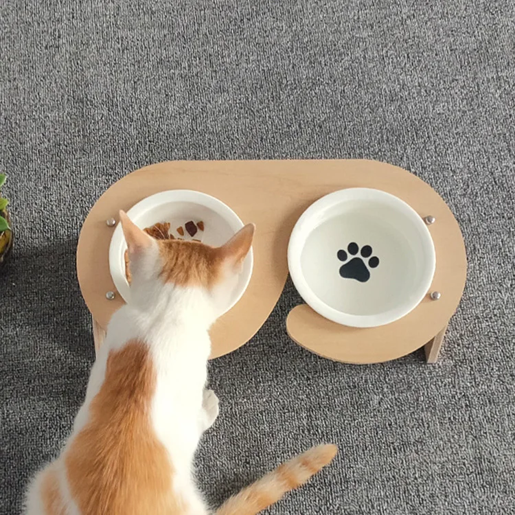 

Detachable Ceramic Wooden Elevated Titeld Pet Feeding Drinking Bowl