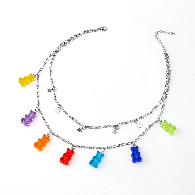 

Bear Choker Fashion Jewelry New Fashion Double Layers star pendant charms Chain Candy Color Bear Pendant Charm Choker Necklace