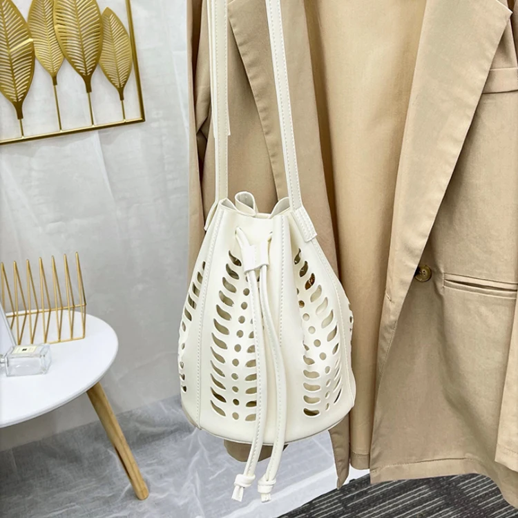 

New Arrival Hollow Out Bucket Bag Pure Color Handbags Drawstring Closure Crossbody Bags PU Leather Shoulder Handbag For Women, Mutil-color