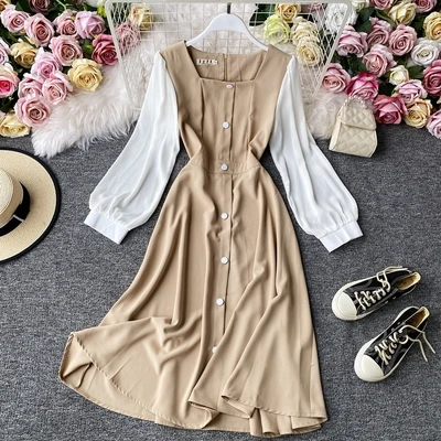 

French Romance Retro Dresses Women Casual Square Collar Midi Lady women's Elegant pure stretch Slim autumn office leisure dress