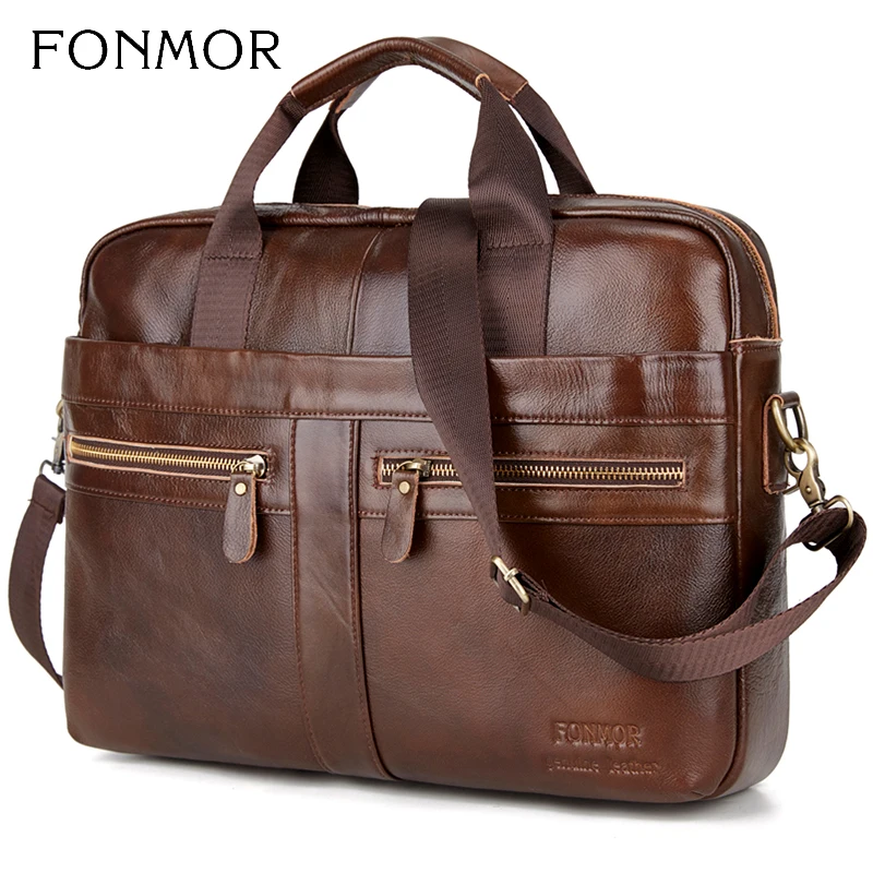 

Men Business Laptop Waterproof Bag Computer Handbag Brown Mens Soft Sided Genuine Leather Briefcase