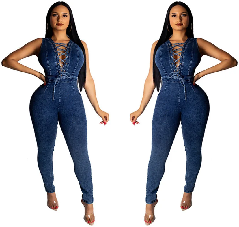 

2021 New Arrival V-neck casual slim sexy waist hollowed out women's Denim Jeans Jumpsuit, Blue