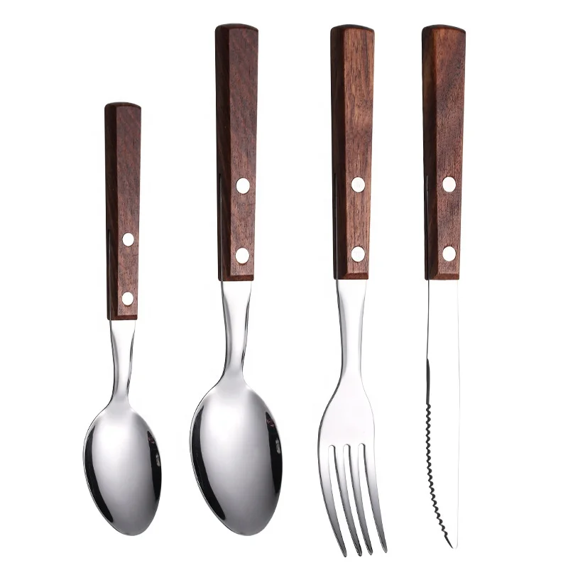 

4 pieces stainless steel wooden handle dining spoon fork and knives cutlery set with box, Red/brown
