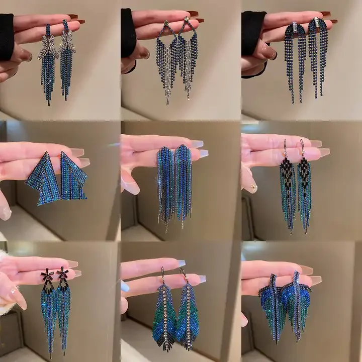 

S925 Silver Needle South Korean Women Long Blue Diamond Tassel Earrings Fashion Super Sparkling Diamond Pendant Earrings Jewelry