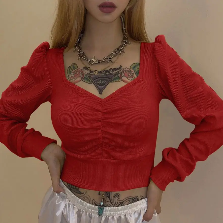 

2020 Spring Long Sleeve V Neck Ladies' Vintage Knitting Blouses Women Fashion Short Tops, 3 colors