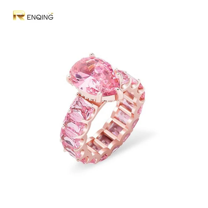 

New Arrival Iced Out Tear Drop Diamond Shape Baguette Clear Pink CZ Ring Engagement Finger Ring Women Rapper Jewelry