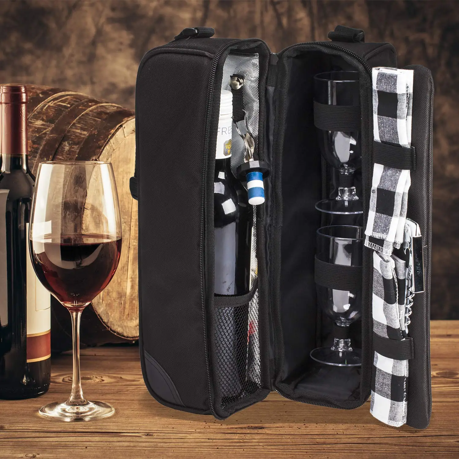 Reusable Insulated Wine Tote With 2 Wine Glasses Portable Wine Cooler
