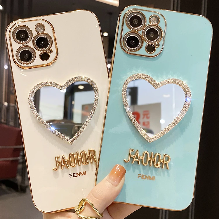 

Luxury Brand Bling Love Heart Makeup mirror Phone Case For Iphone 12 11 Pro Max shockproof Fashion Glitter Soft Silicone Cover, Various