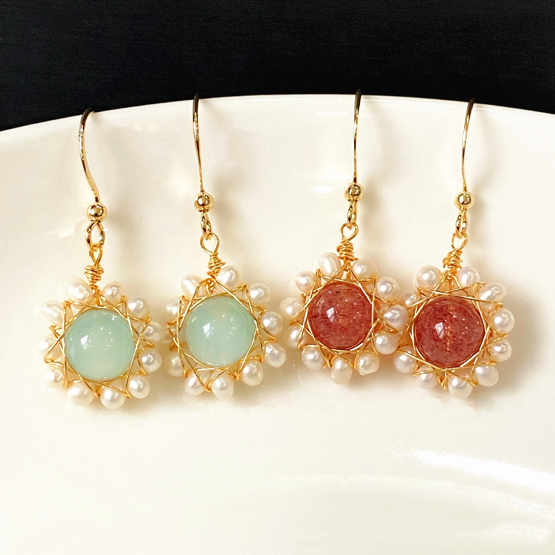 

Natural pearl strawberry crystal aquamarine wrapped handmade 14k gold plated polymer clay earrings wholesale, As pictures