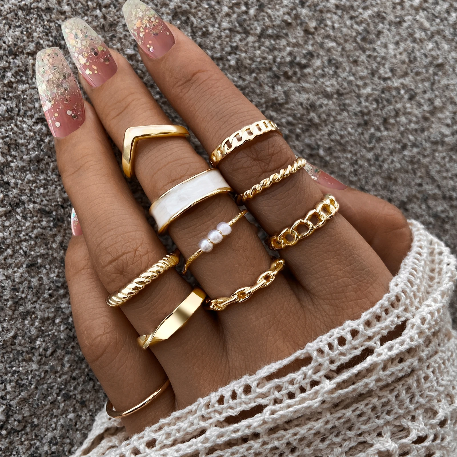 

Finetoo Hot Selling Twist Chain Finger Rings Set Gold plated Open Pearl Rings for Women Jewelry