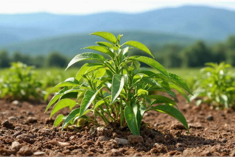 Ghost pepper plant growing in Berea Kentucky soil with Appalachian mountains in background
