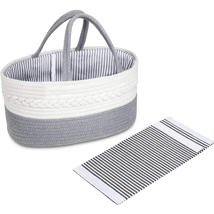 

Soft storage basket Rope Diaper Caddy Nursery Storage Bin and Car Organizer for Diapers and Baby bibs, White + grey stripe lining