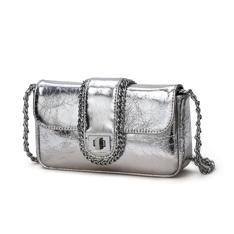 

fashion popular ladies hand set bag genuine leather mini bag with silver color metal chain 2021 metallic purses, Black