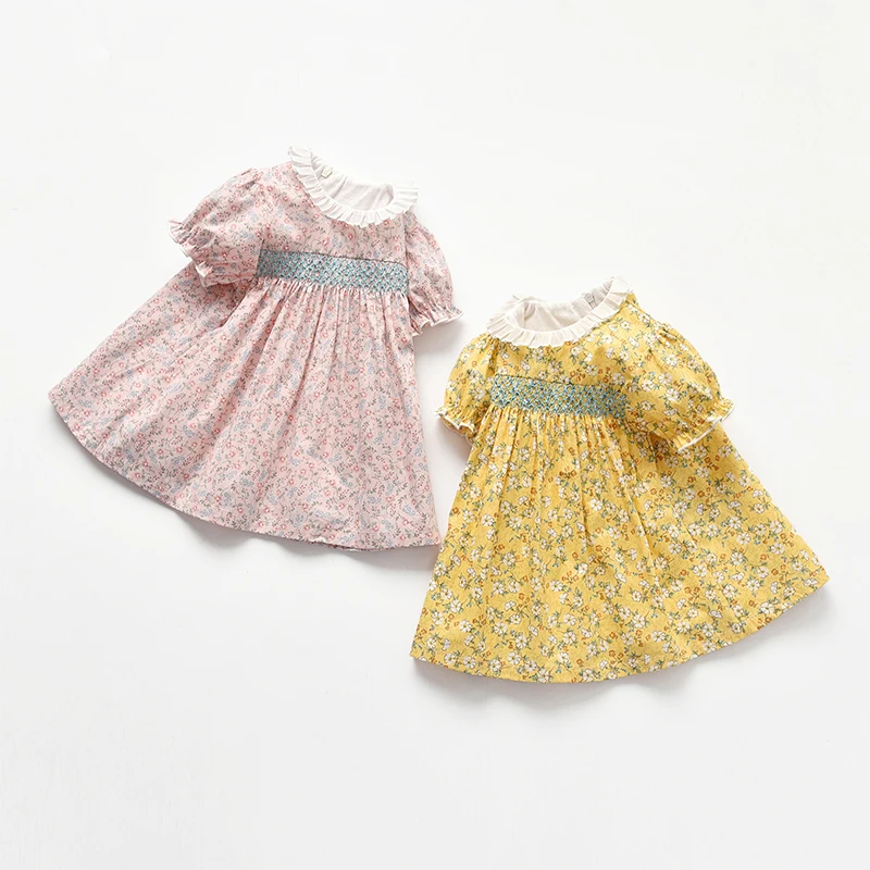 wholesale new designs hot sale 100% Cotton Vintage Fancy toddler baby girls' dresses, Yellow/pink