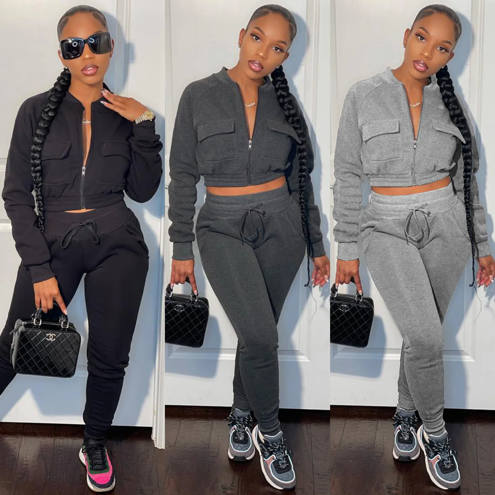 

Commute Styles Two Piece Crop Zipper Tracksuit Long Pants Lounge Set Women