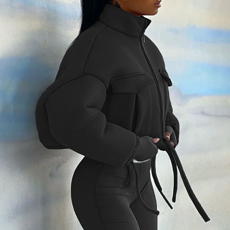 

Women Autumn Winter Long Sleeve Zipper Pocket Turtleneck Soild Color Short Jacket Coat 2020 Female Clothing Streetwear