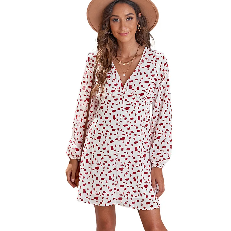 

Wholesale Women's Skirt Bohemian Dot Print Long Sleeve Empire V Neck Pullover Mini Casual Dress