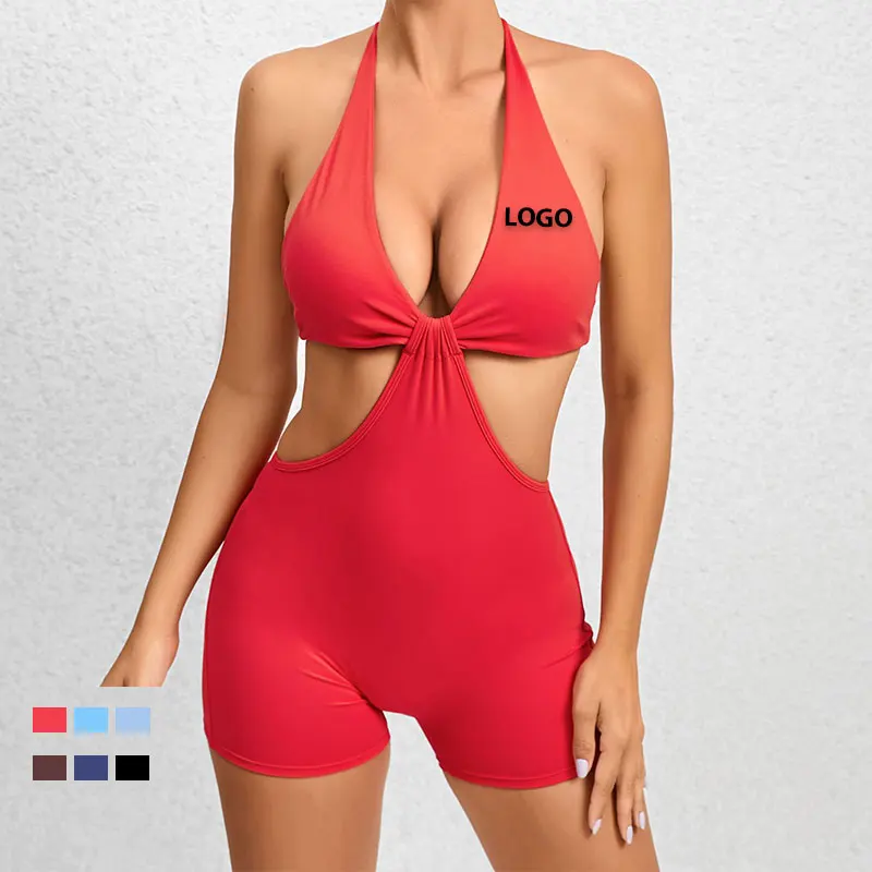 

Solid Color Halter V Neck Bodysuits Hollow Out Sexy Backless Tummy Control Fashion Rompers Stretchy Gym Jumpsuits Women