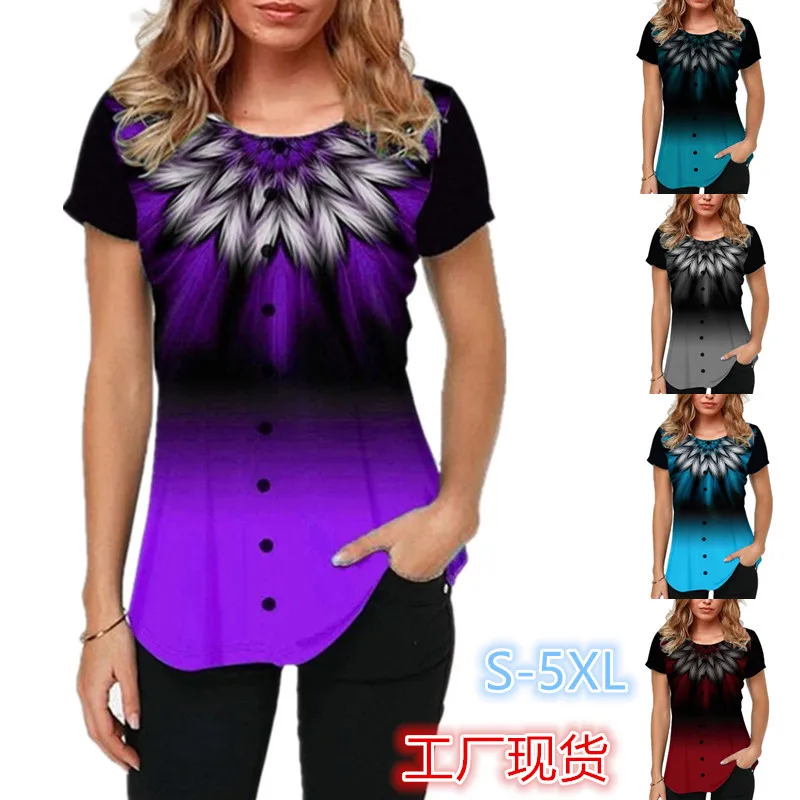 

FZ-163 Spring Summer Women's New Fashion Fancy Blouse Female Round Neck Printing Casual Short-Sleeved T-Shirt, Picture color