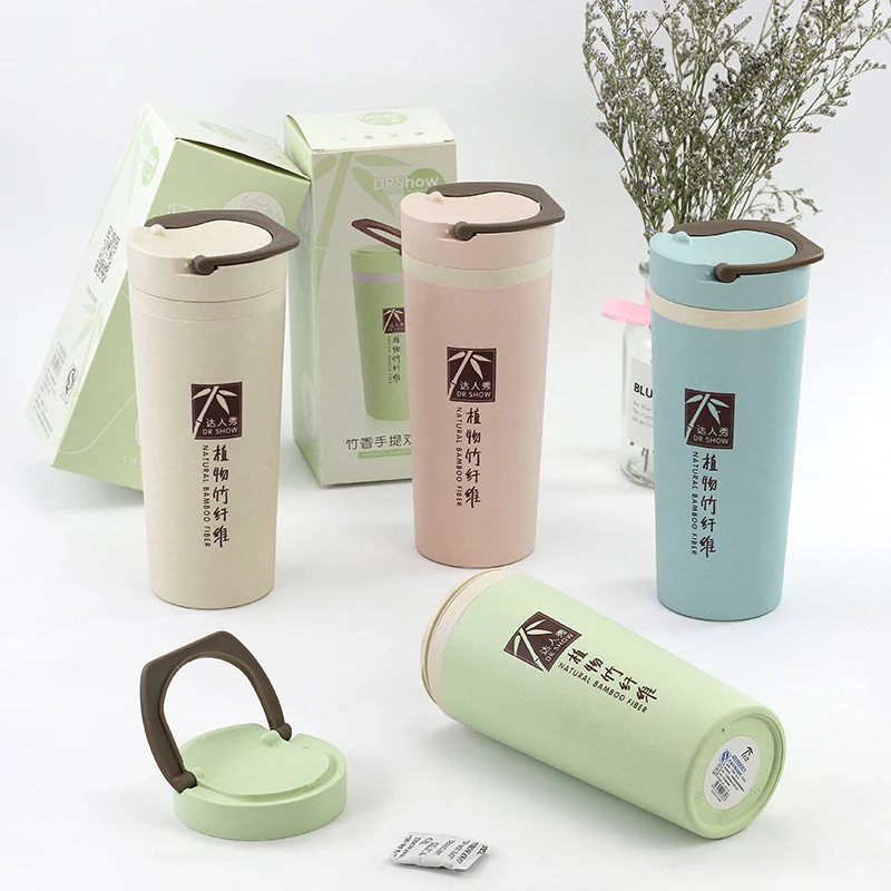 

Reusable bamboo fiber cup biodegradable 450ml double layer wheat straw water bottle, Green,blue, pink, beige
