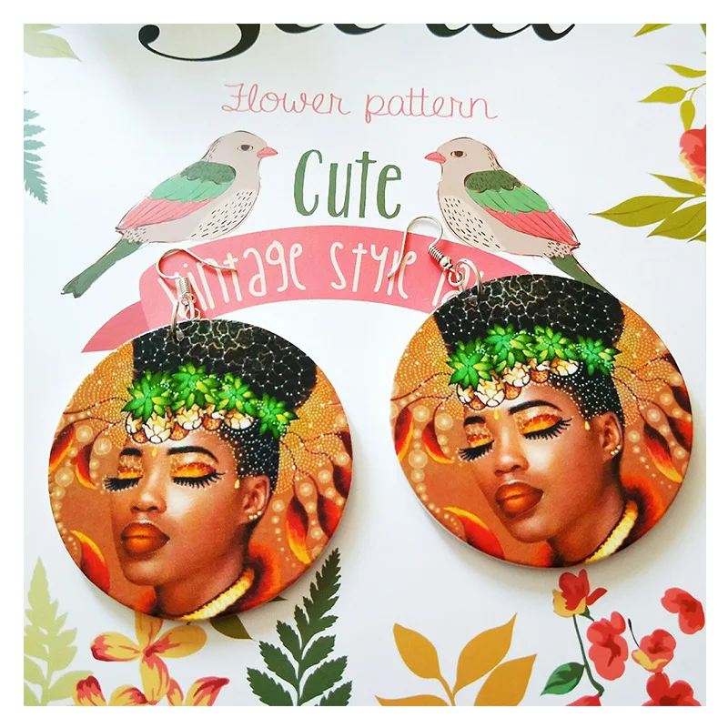 

2021 Indian Jewelry Fashion Round Drop Earrings African Style Human Head Printed wooden Earrings