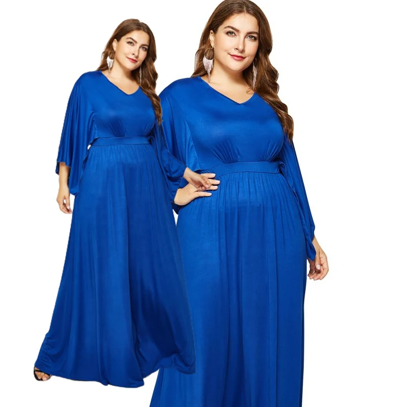 

2021 New Design Summer V-Neck Lady Fashion Long Sleeve Solid Plus Size Maxi Women Dresses-