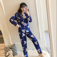 

Silk satin printed summer pajamas,full sleeve top and pants sleep wear for women,customs made and wholesale,wholesale sleepwear