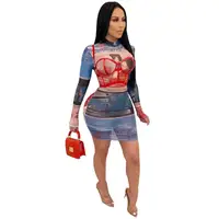 

2020 New Arrivals Fashion Women Casual Stand Neck Long Sleeve Mesh See-through Cartoon Pattern Letter Printed Mini Dress