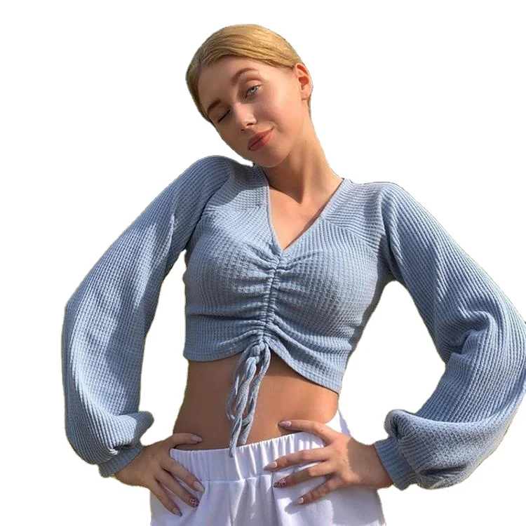

V Neck Drawstring Long Sleeve Cropped T-Shirt Solid Color Tops For Women