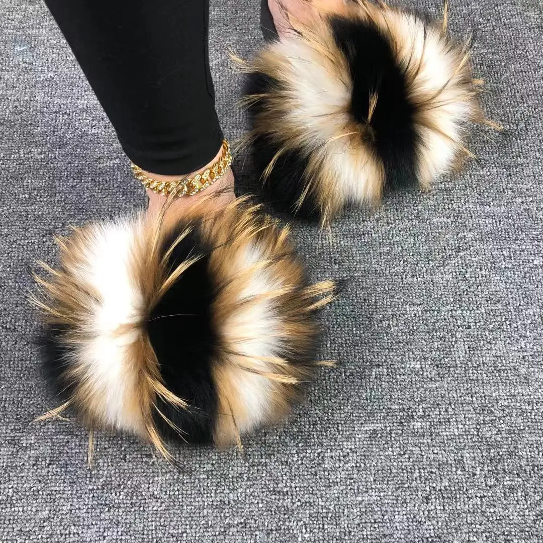 

Wholesale natural flip flop faux fur slides slippers, Customized