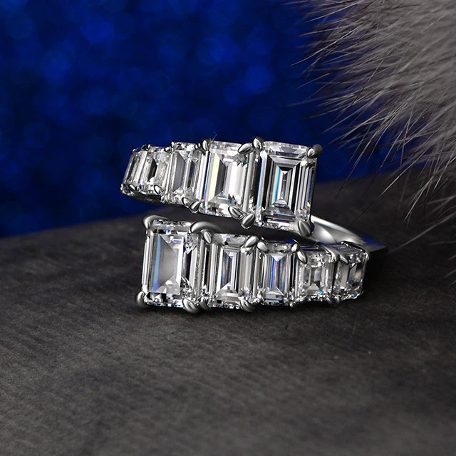 

925 Sterling silver diamond resizable rings fashion women emerald cut CZ open adjustable ring