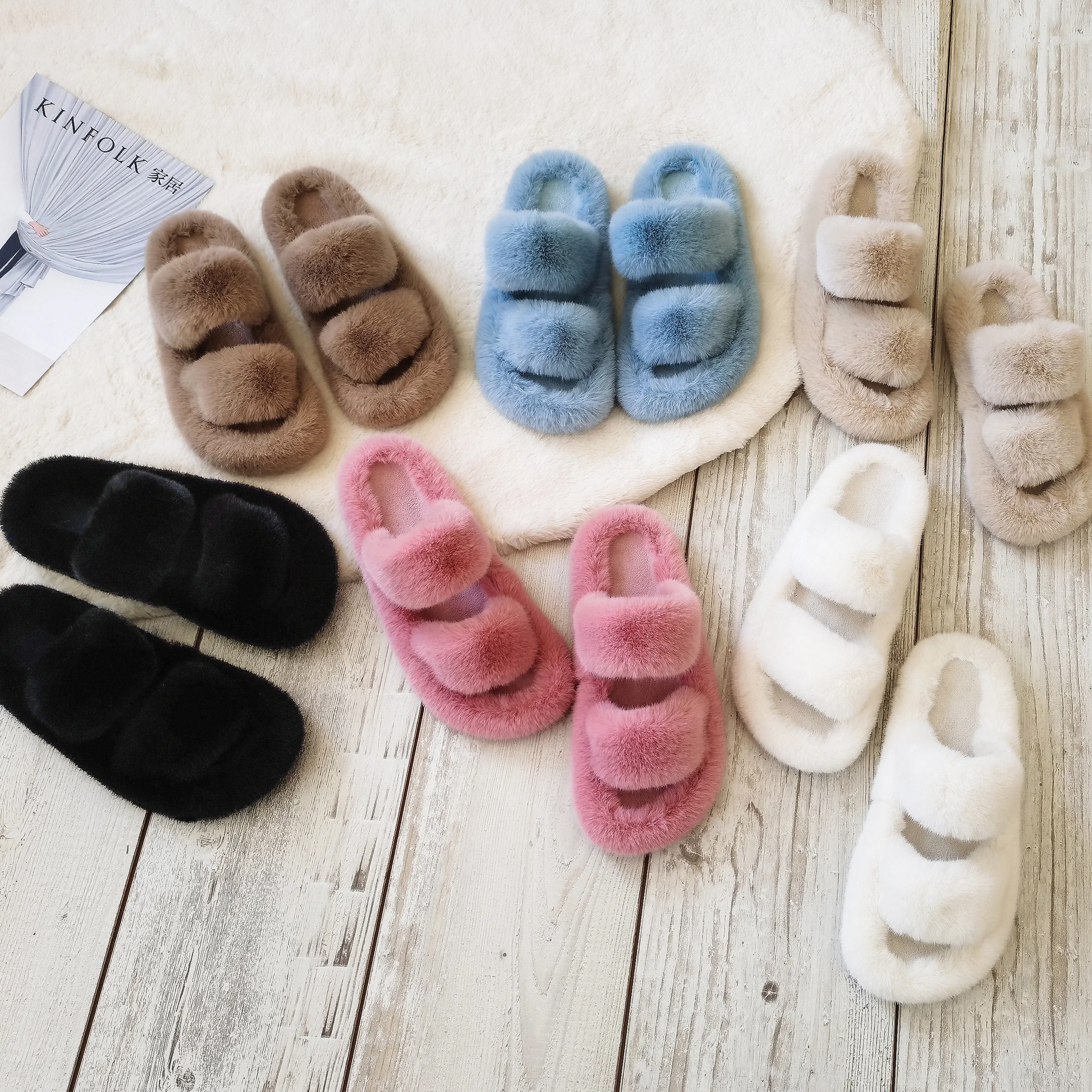 

New Arrival Factory Price Cheap Wholesale Comfor Faux Fur winter Women Two Band Strap Latest Design Slippers, Customized color