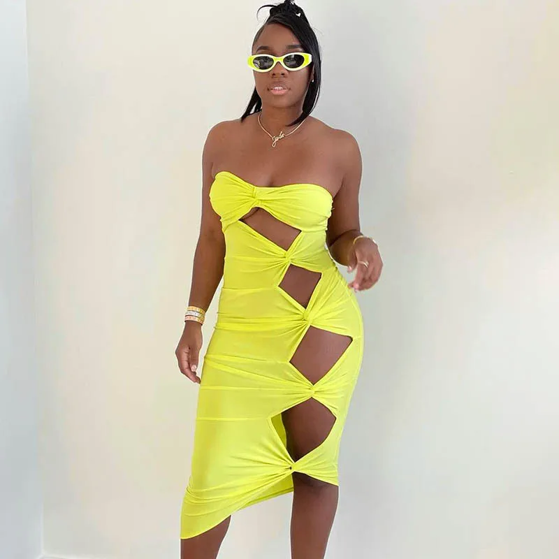 

Xuqing wholesale new summer off shoulder hollow out dress casual bodycon sexy midi dresses for women 2021, Photos show