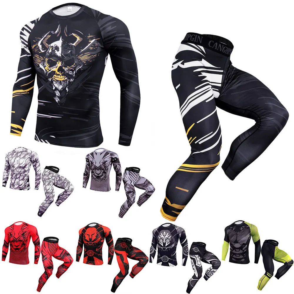 

JF Fitness Wear Custom Printed Mens Long Sleeve BJJ MMA ODM/OEM Rash Guard Mens Tights T shirt leggings shorts set Sportswear