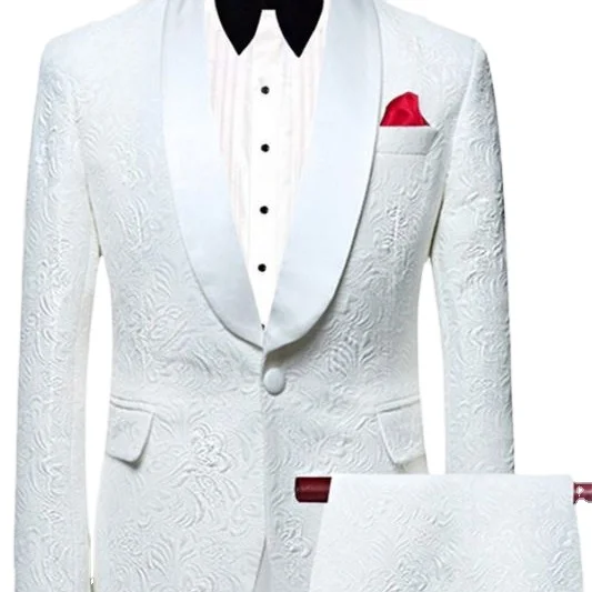 

White Jacquard Wedding Men Suits Elegant Two Piece Shawl Lapel Groom Suits