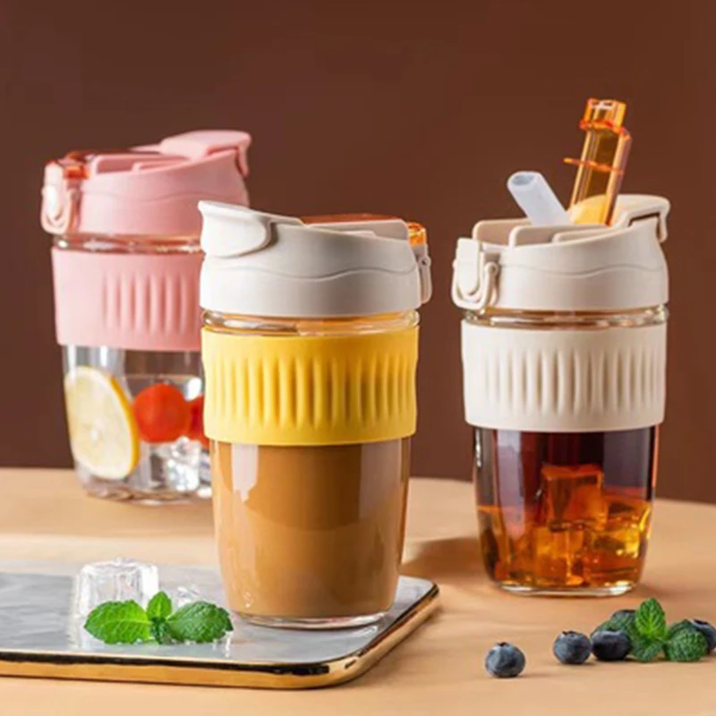 

500ml glass water cup heat resistant glass sippy milk mug coffee mug outdoor sport mug with silicon cover, Customized color